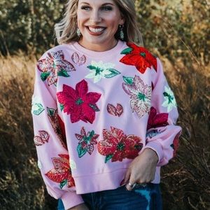 Brand-new Queen of Sparkles Pink Poinsettia oversized sweatshirt, 2XL!